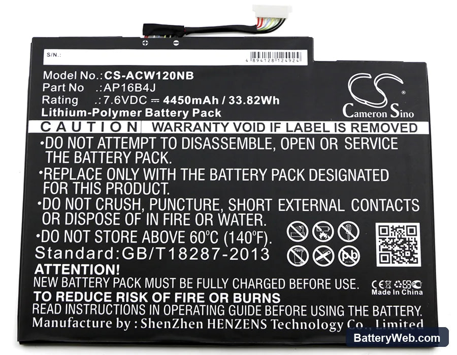 Acer Aspire Switch Alpha 12 Replacement Battery, 7.6V, 4450mAh, Li-Polymer 3
