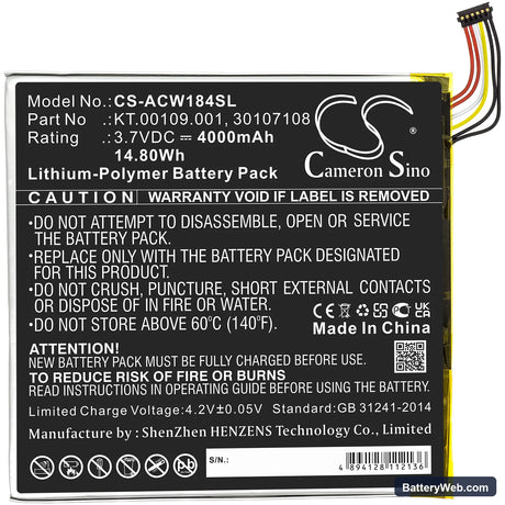 Acer Iconia Tab A1-840 Replacement Battery, 3.7V, 4000mAh, Li-Polymer 3
