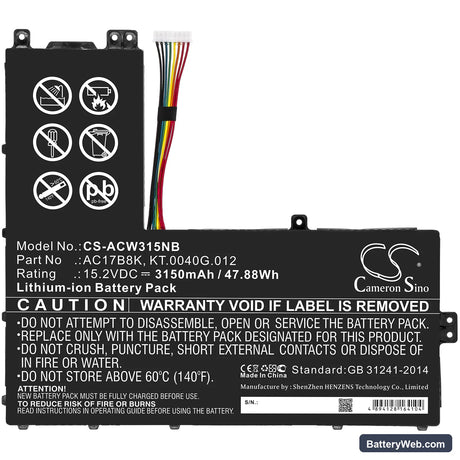 Acer Swift 3 SF315-52G-54DA Replacement Battery, 15.2V, 3150mAh, Li-ion 3