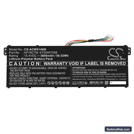Acer Swift 5 SF514-54GT-595G Replacement Battery, 15.4V, 3800mAh, Li-Polymer 3