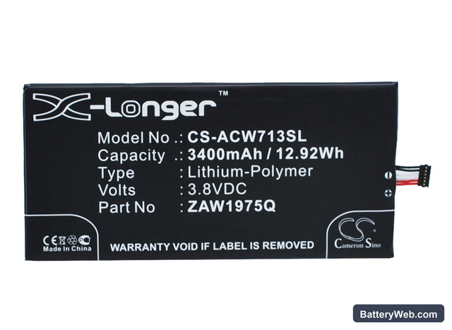 Acer Iconia Tab 7 Replacement Battery, 3.8V, 3400mAh, Li-Polymer 1