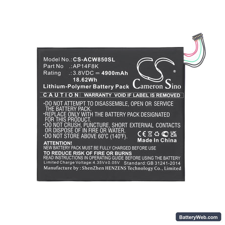 Acer Iconia Tab A1-850 Replacement Battery, 3.8V, 4900mAh, Li-Polymer 3