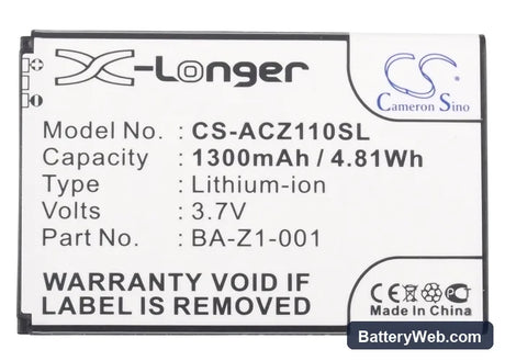 Acer Liquid Z110 Dou Replacement Battery, 3.7V, 1300mAh, Li-ion 5