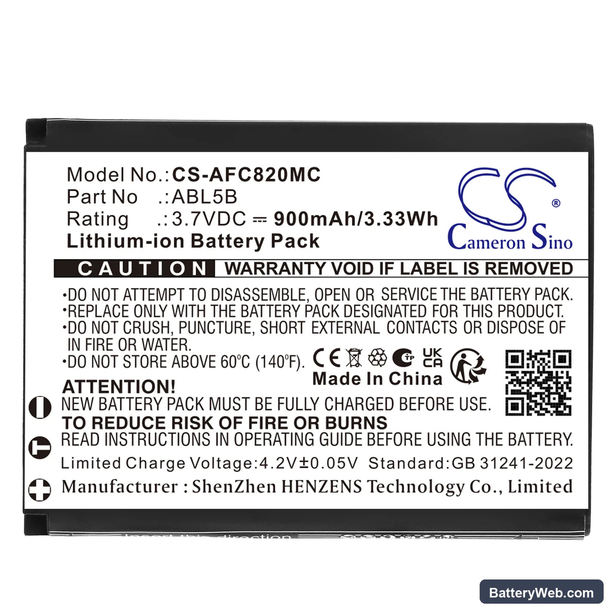 AgfaPhoto DC8200 Replacement Battery, 3.7V, 900mAh, Li-ion 3