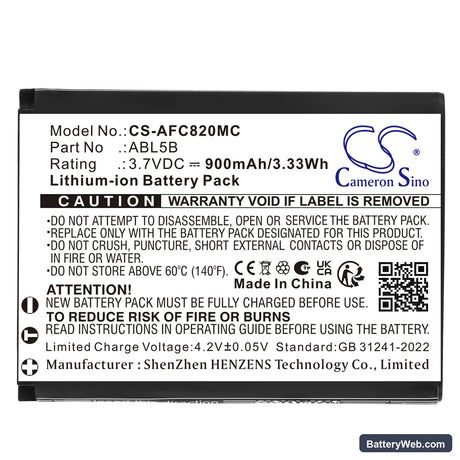 AgfaPhoto DC8200 Replacement Battery, 3.7V, 900mAh, Li-ion 3