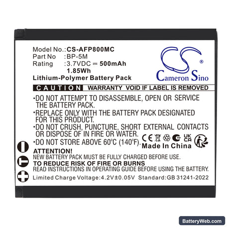 AgfaPhoto Realishot WP8000 Replacement Battery, 3.7V, 500mAh, Li-Polymer 3