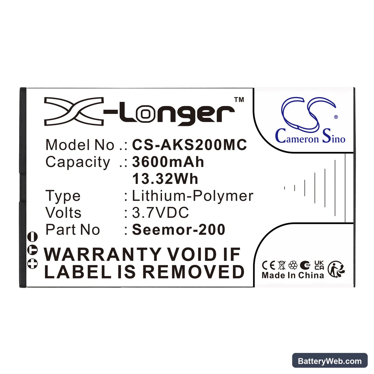 AKASO Seemor 200 Replacement Battery, 3.7V, 3600mAh, Li-Polymer 3