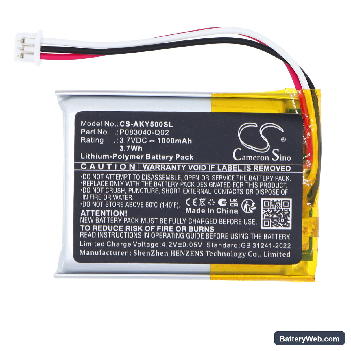 AKG C50BT Replacement Battery, 3.7V, 1000mAh, Li-Polymer 3
