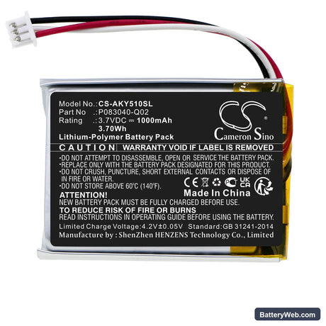 AKG C50BT Replacement Battery, 3.7V, 1000mAh, Li-Polymer 3