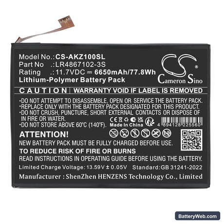 AOKZOE A1L Replacement Battery, 11.7V, 6650mAh, Li-Polymer 3