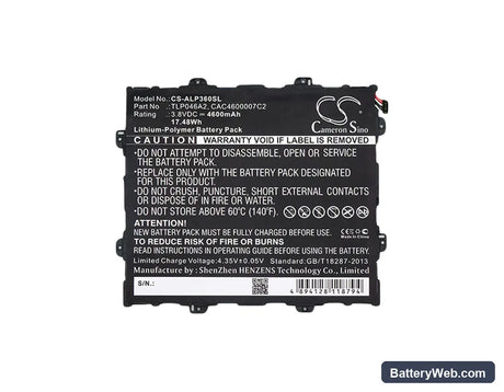 Alcatel OT-P360X Replacement Battery, 3.8V, 4600mAh, Li-Polymer 5