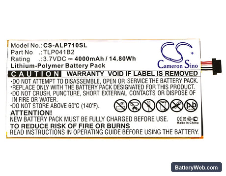 Alcatel OneTouch EVO 7 HD Replacement Battery, 3.7V, 4000mAh, Li-Polymer 5
