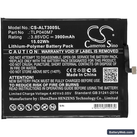 Alcatel 3T Replacement Battery, 3.85V, 3900mAh, Li-Polymer 3