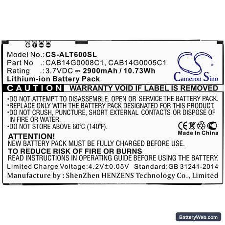 Alcatel One Touch T60 Replacement Battery, 3.7V, 2900mAh, Li-ion 3