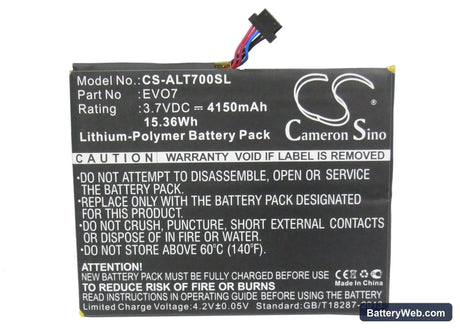 Alcatel One Touch EVO 7 Replacement Battery, 3.7V, 4150mAh, Li-Polymer 5