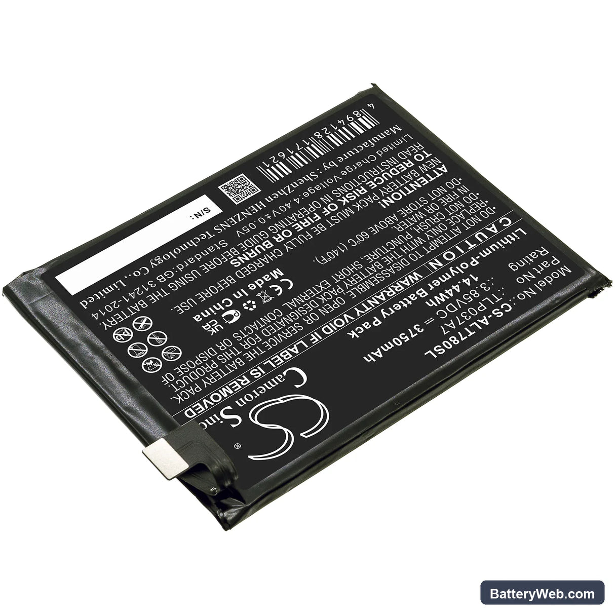 Alcatel Plex Replacement Battery, 3.85V, 3750mAh, Li-Polymer 2