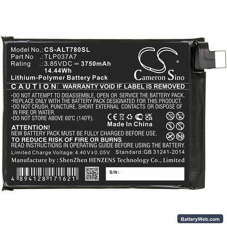 Alcatel Plex Replacement Battery, 3.85V, 3750mAh, Li-Polymer 3