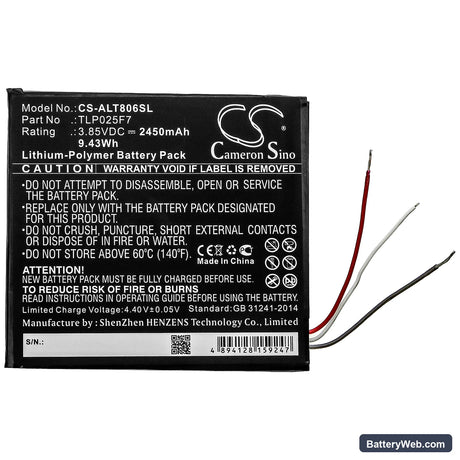 Alcatel 1T 7" Replacement Battery, 3.85V, 2450mAh, Li-Polymer 3