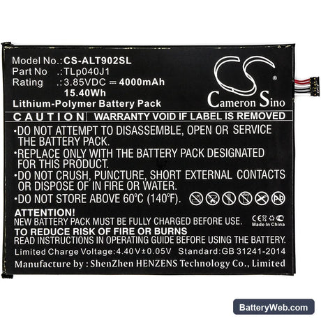 Alcatel A30 Tablet Replacement Battery, 3.85V, 4000mAh, Li-Polymer 3