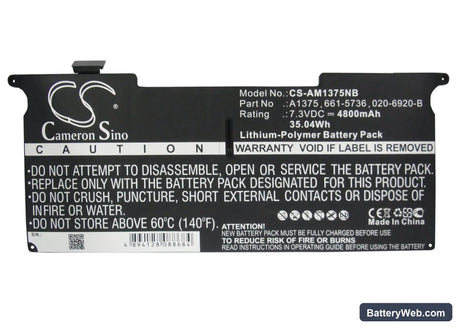 Apple MacBook Air 11" A1370 2010 Replacement Battery, 7.3V, 4800mAh, Li-Polymer 5