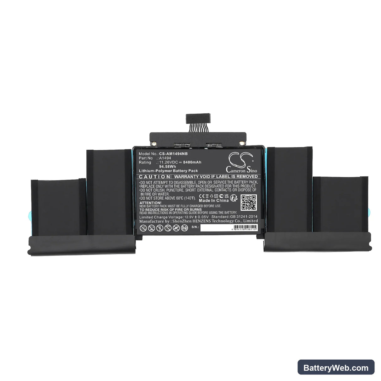 Apple MacBook Pro Retina Display 15" A1398 Replacement Battery, 11.26V, 8400mAh, Li-Polymer 3