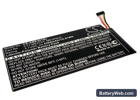 Asus MeMO Pad ME370T Replacement Battery, 3.7V, 4300mAh, Li-Polymer 1
