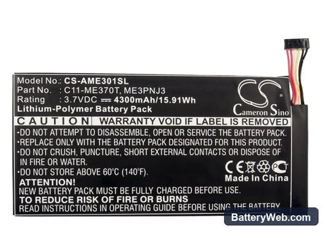 Asus MeMO Pad ME370T Replacement Battery, 3.7V, 4300mAh, Li-Polymer 5