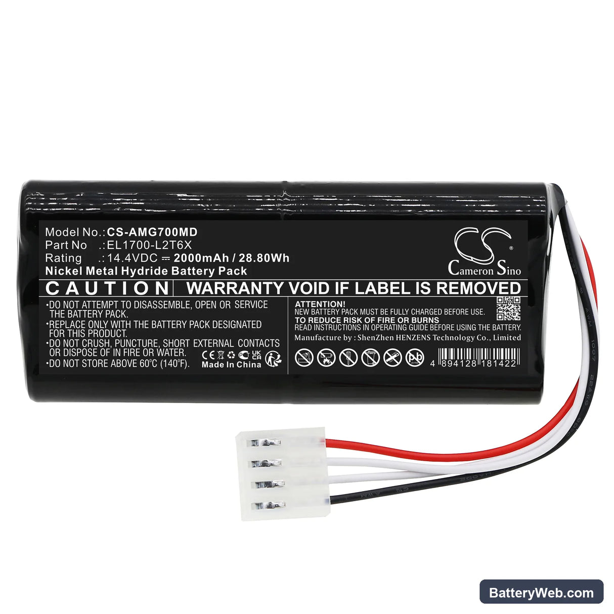 Amico EL1700-L2T6X Replacement Battery, 14.4V, 2000mAh, Ni-MH 3