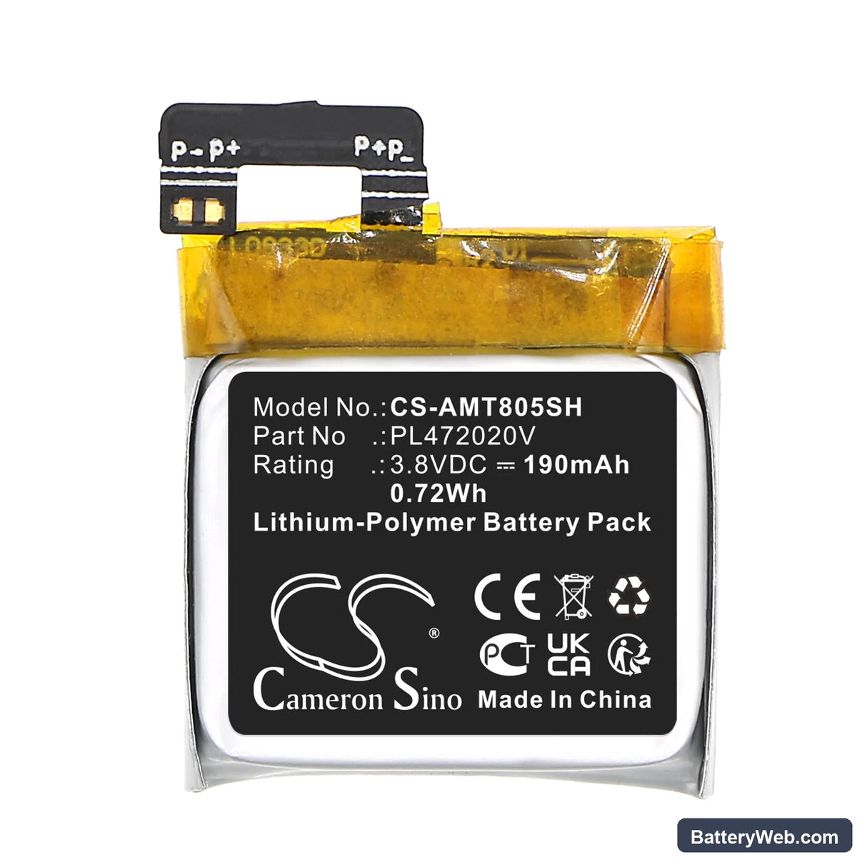 Amazfit A1805 Replacement Battery, 3.8V, 190mAh, Li-Polymer 3