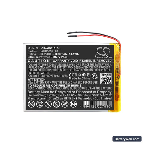 Archos 101 Core 3G Replacement Battery, 3.7V, 5000mAh, Li-Polymer 3