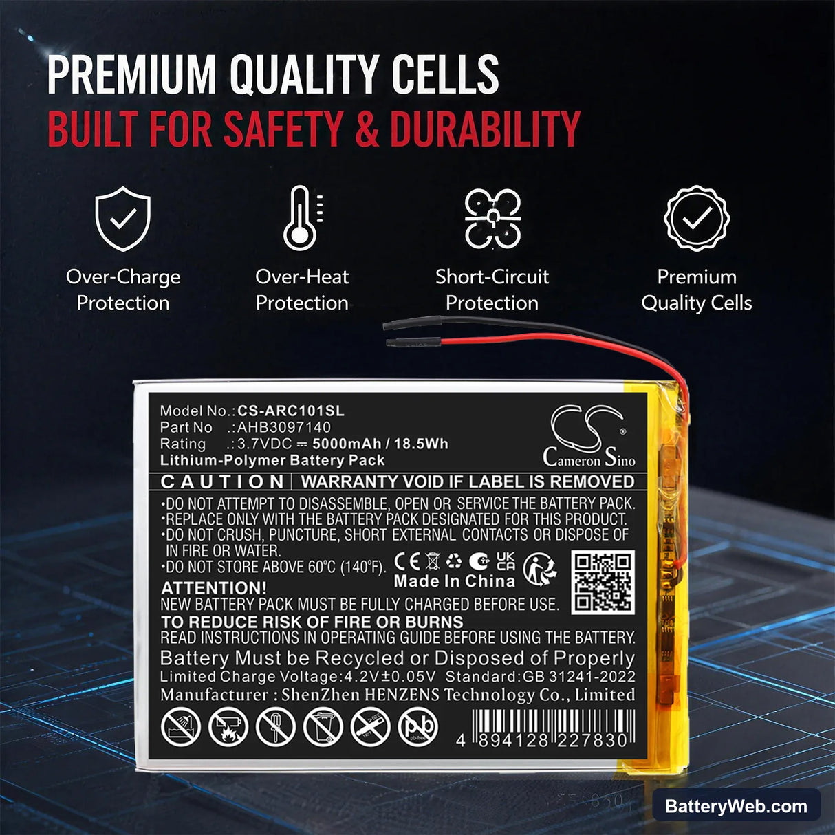 Archos 101 Core 3G Replacement Battery, 3.7V, 5000mAh, Li-Polymer 6