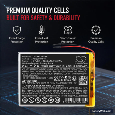Archos 101 Core 3G Replacement Battery, 3.7V, 5000mAh, Li-Polymer 6