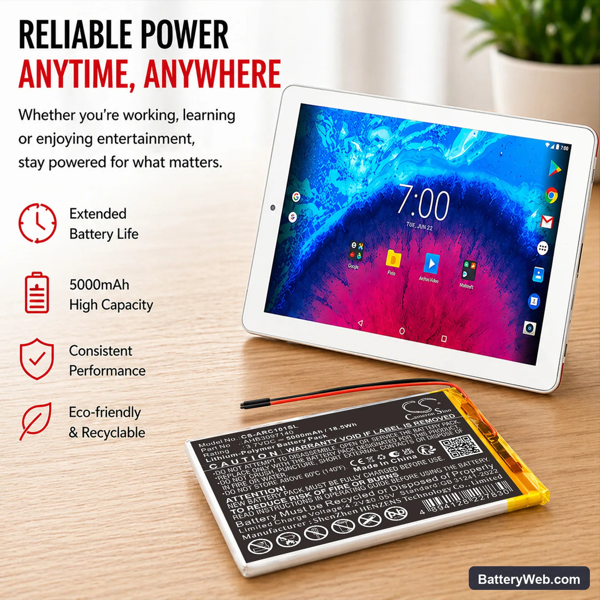 Archos 101 Core 3G Replacement Battery, 3.7V, 5000mAh, Li-Polymer 7