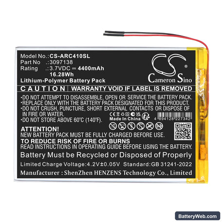 Archos AC101OX4G Replacement Battery, 3.7V, 4400mAh, Li-Polymer 3