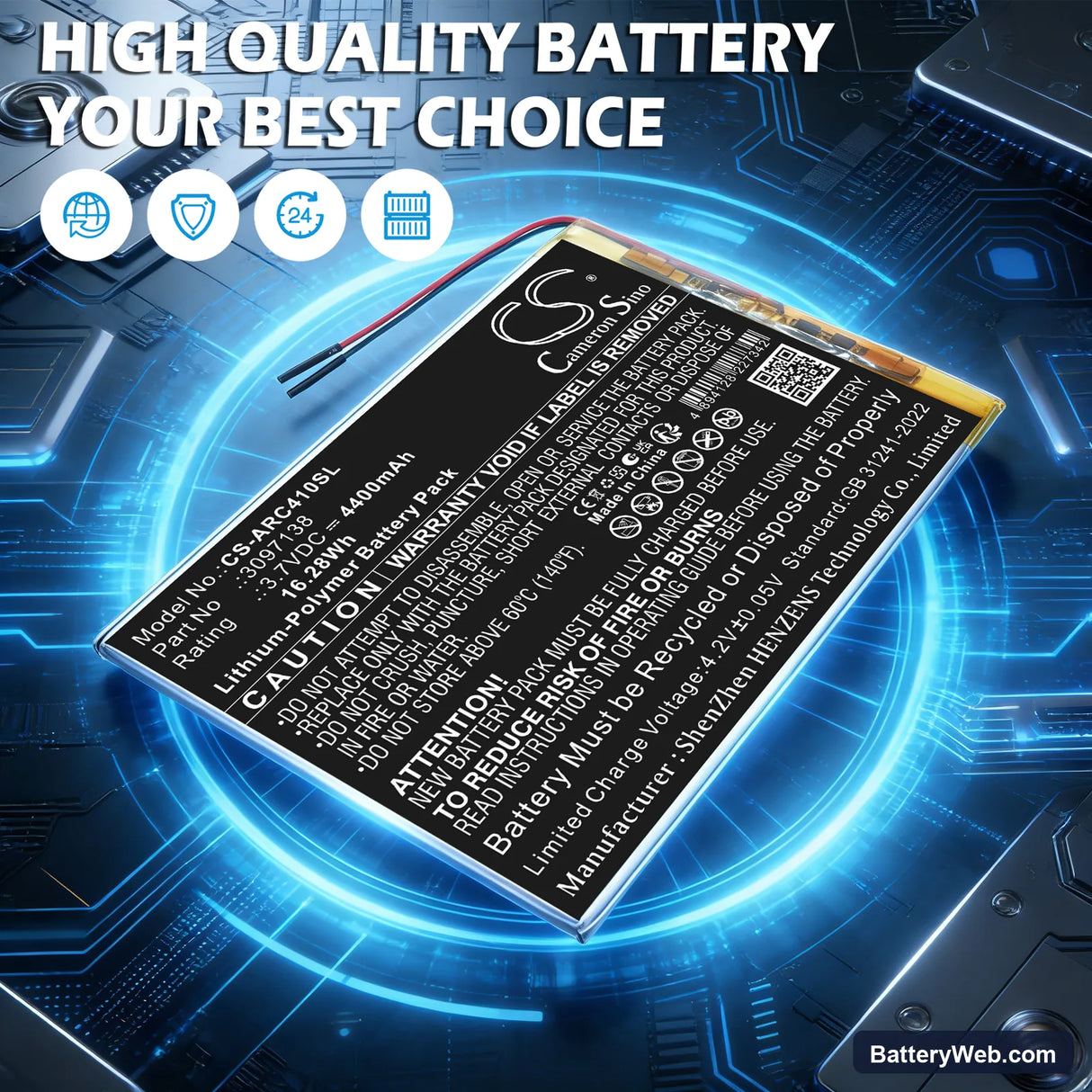 Archos AC101OX4G Replacement Battery, 3.7V, 4400mAh, Li-Polymer 6