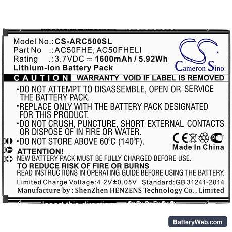 Archos 50F Helium Lite Replacement Battery, 3.7V, 1600mAh, Li-ion 3