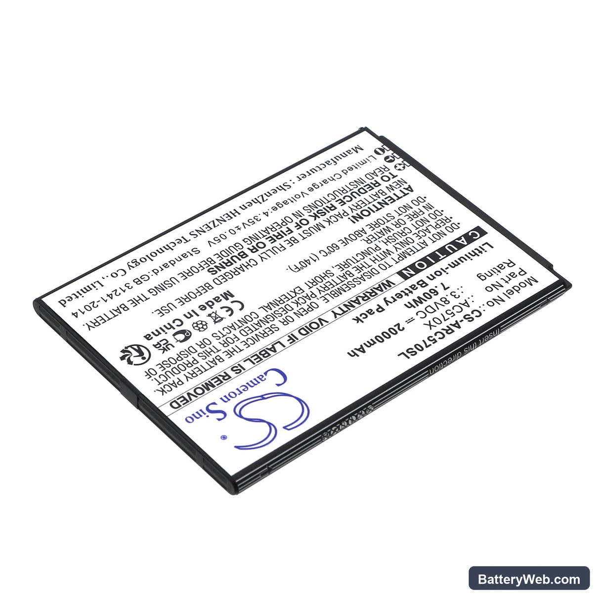 Archos OXYGEN 57 Replacement Battery, 3.8V, 2000mAh, Li-ion 2