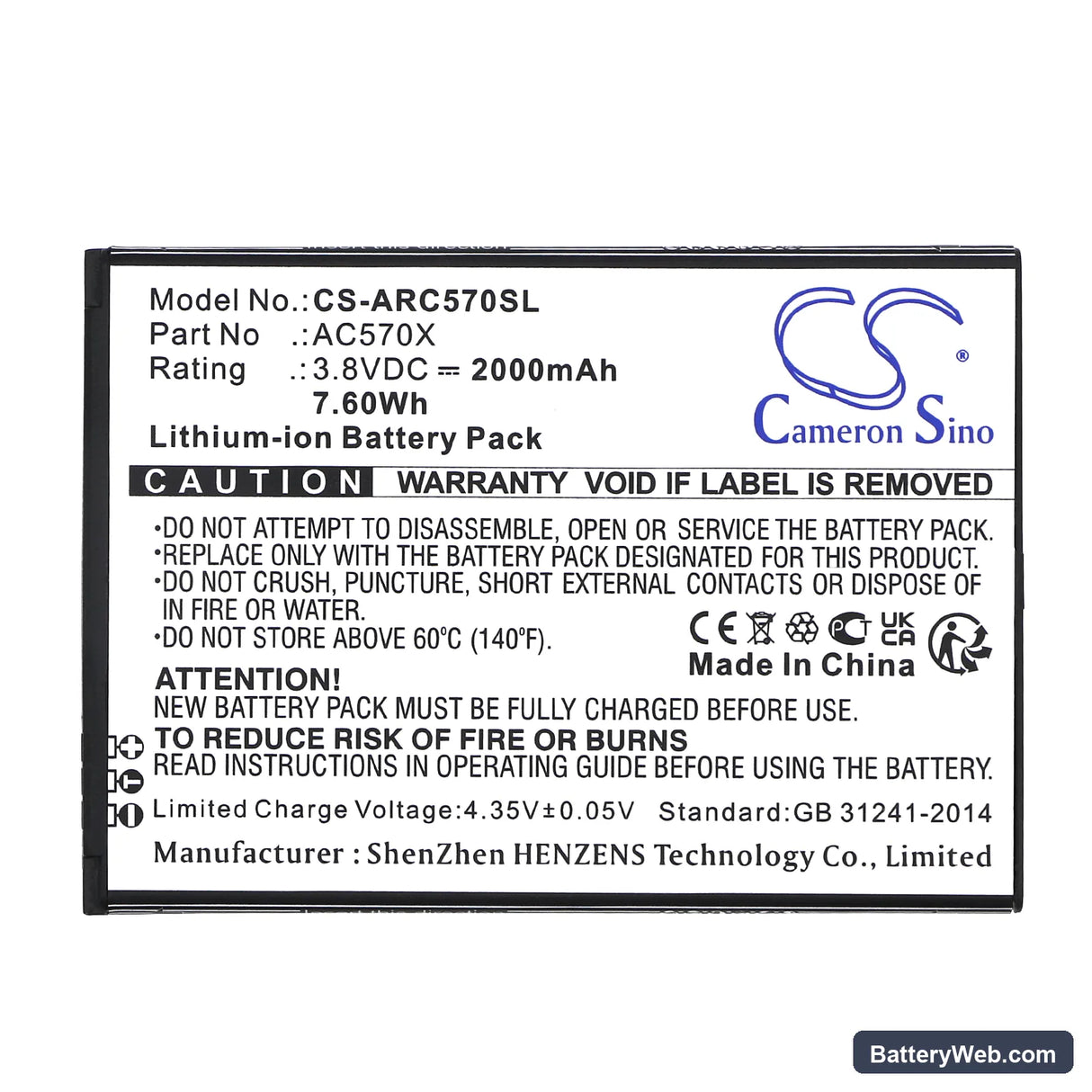 Archos OXYGEN 57 Replacement Battery, 3.8V, 2000mAh, Li-ion 3