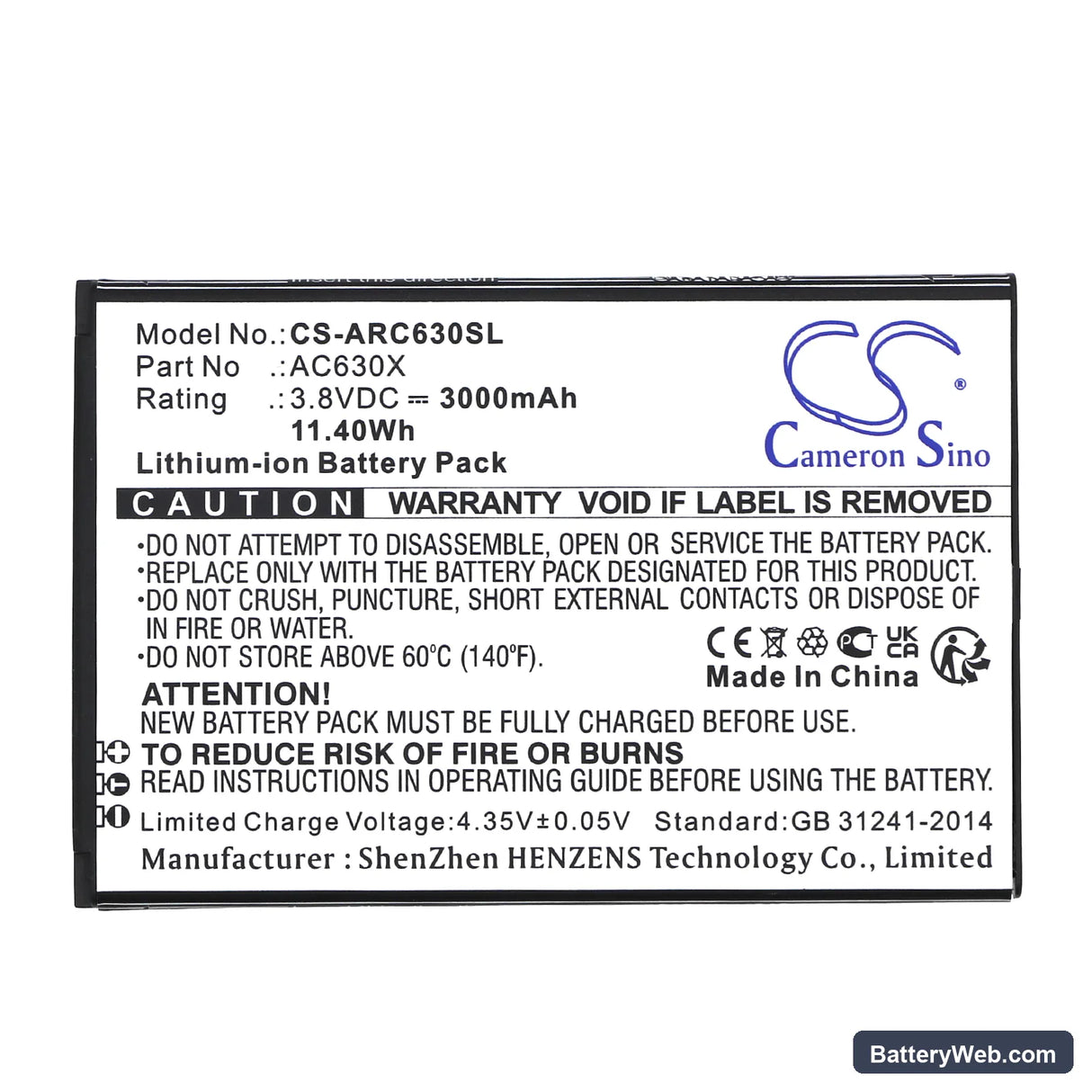 Archos Oxygen 63 Replacement Battery, 3.8V, 3000mAh, Li-ion 3