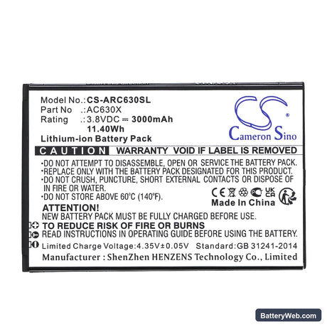 Archos Oxygen 63 Replacement Battery, 3.8V, 3000mAh, Li-ion 3