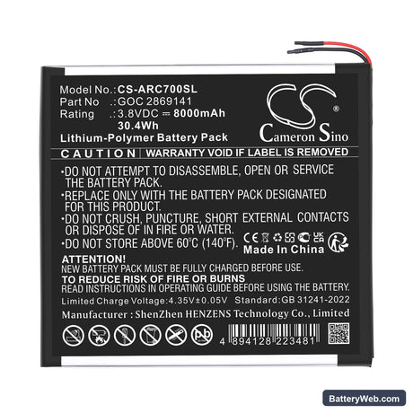 Archos 101B Oxygen Replacement Battery, 3.8V, 8000mAh, Li-Polymer 3