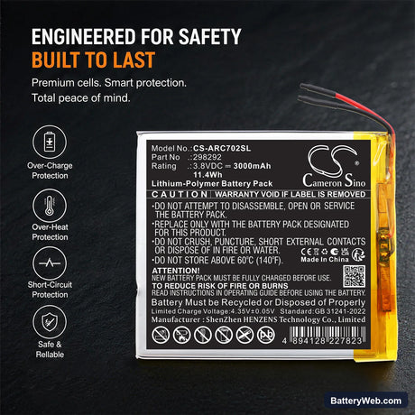 Archos 70 Oxygen Replacement Battery, 3.8V, 3000mAh, Li-Polymer 6