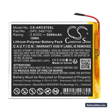 Archos AC97CPL Replacement Battery, 3.8V, 5000mAh, Li-Polymer 3