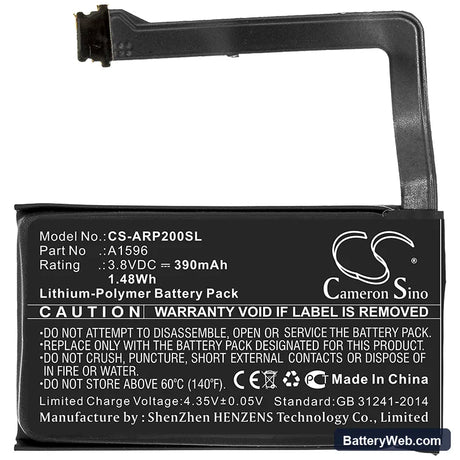 Apple MRXJ2ZP/A Replacement Battery, 3.8V, 390mAh, Li-Polymer 3