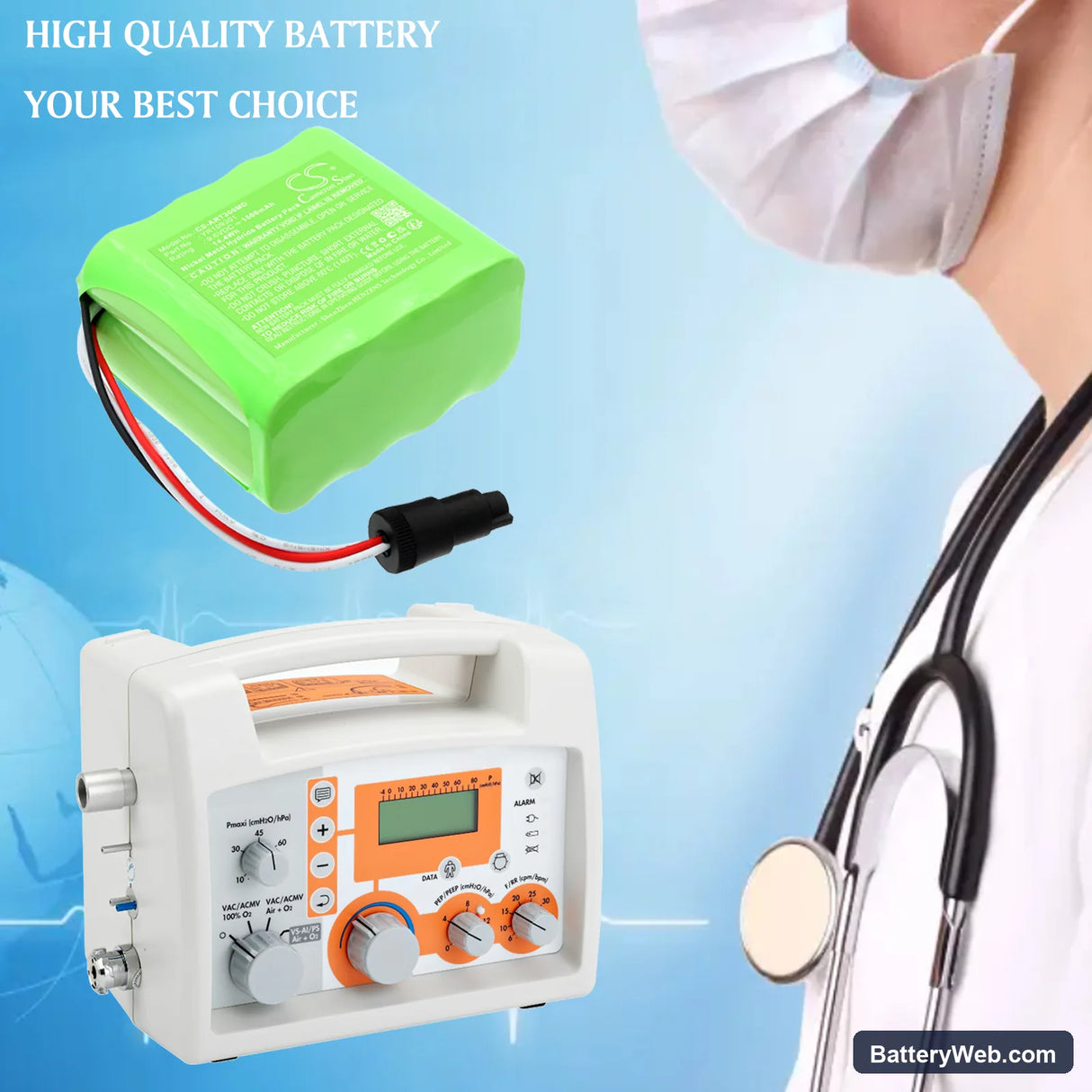 Air Liquide Blease 5500 Osiris 3 Replacement Battery, 9.6V, 1500mAh, Ni-MH 6