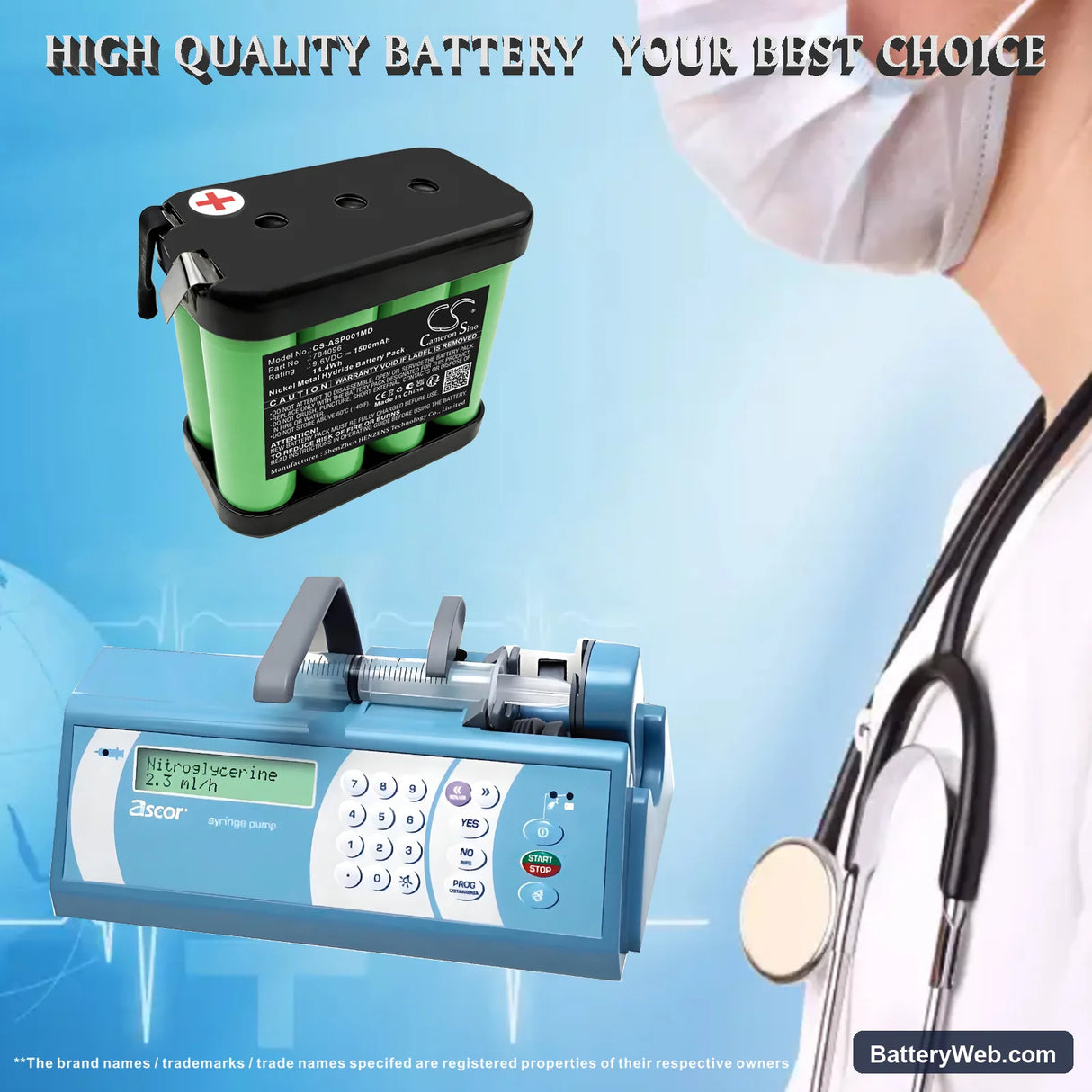 Ascor syringe pump Replacement Battery, 9.6V, 1500mAh, Ni-MH 1