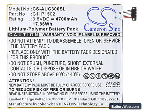 Asus ZenPad 10 Replacement Battery, 3.8V, 4700mAh, Li-Polymer 5