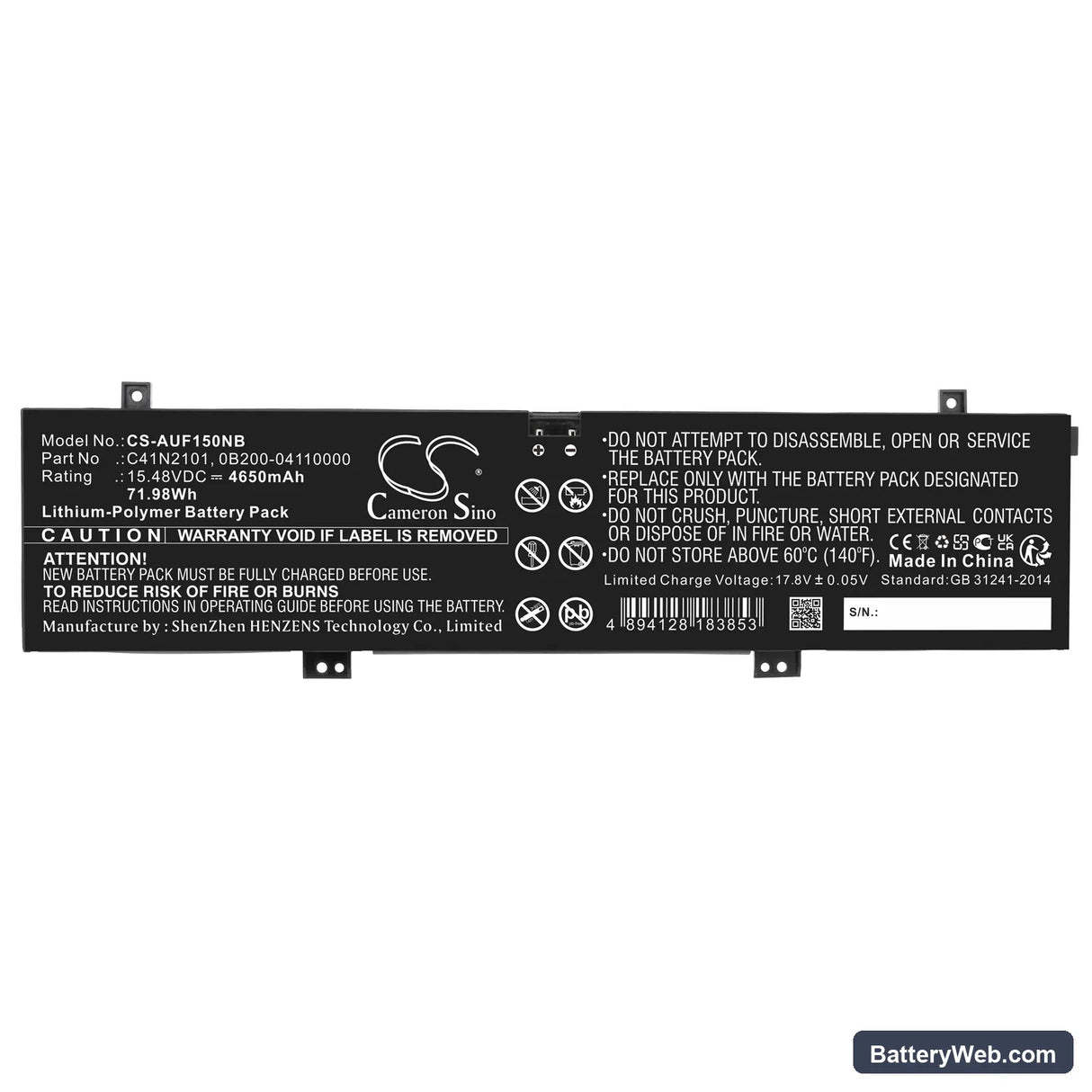 Asus TUF Dash F15 FX517ZE-HN046W Replacement Battery, 15.48V, 4650mAh, Li-Polymer 3