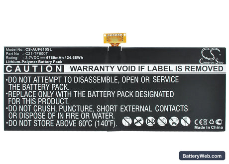 Asus VivoTab TF600TL Replacement Battery, 3.7V, 6760mAh, Li-Polymer 5