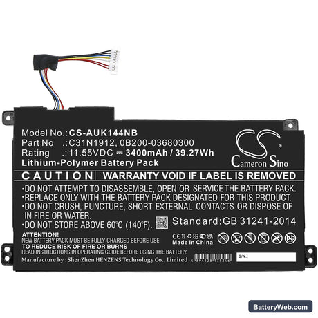 Asus VivoBook 14 E410MA-EK007TS Replacement Battery, 11.55V, 3400mAh, Li-Polymer 3